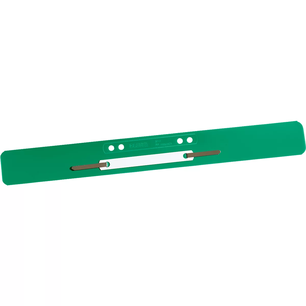 Green file folder spine with white insert and two metal clips.