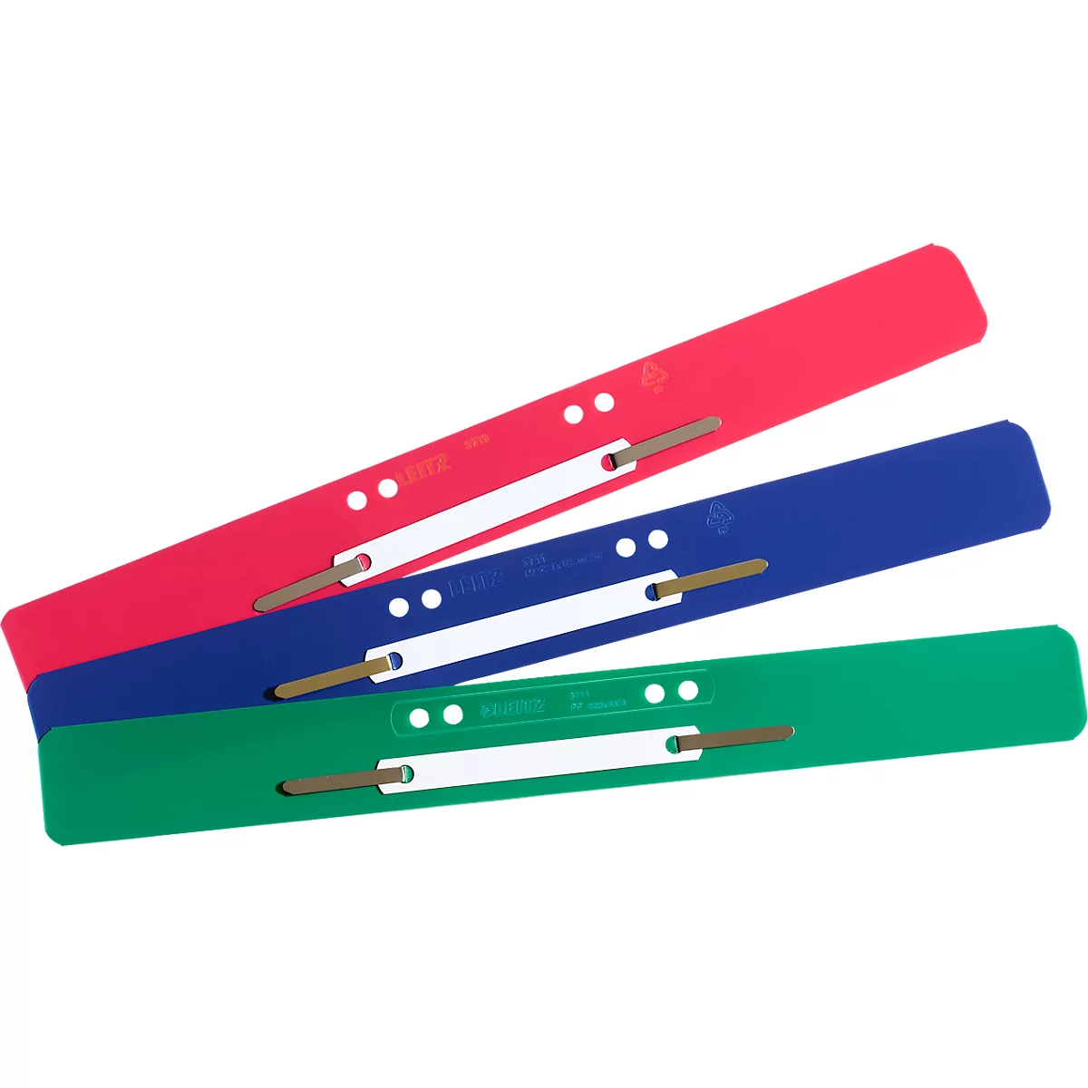 Three different colored folder spines: red, blue and green, with white label fields and metal clips.