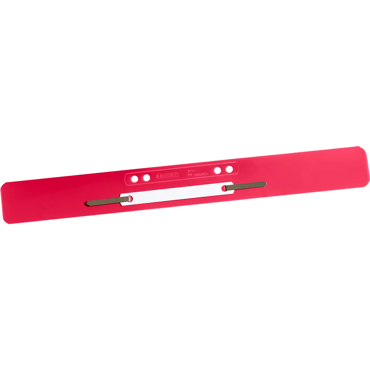 Red binder tab, with holes and metal eyelets. Text on the tab.