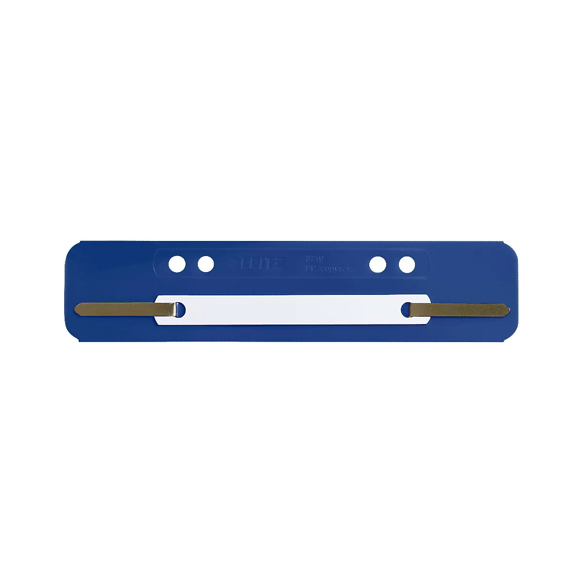 Blue folder fastener with two holes and a white middle section with metal tabs.