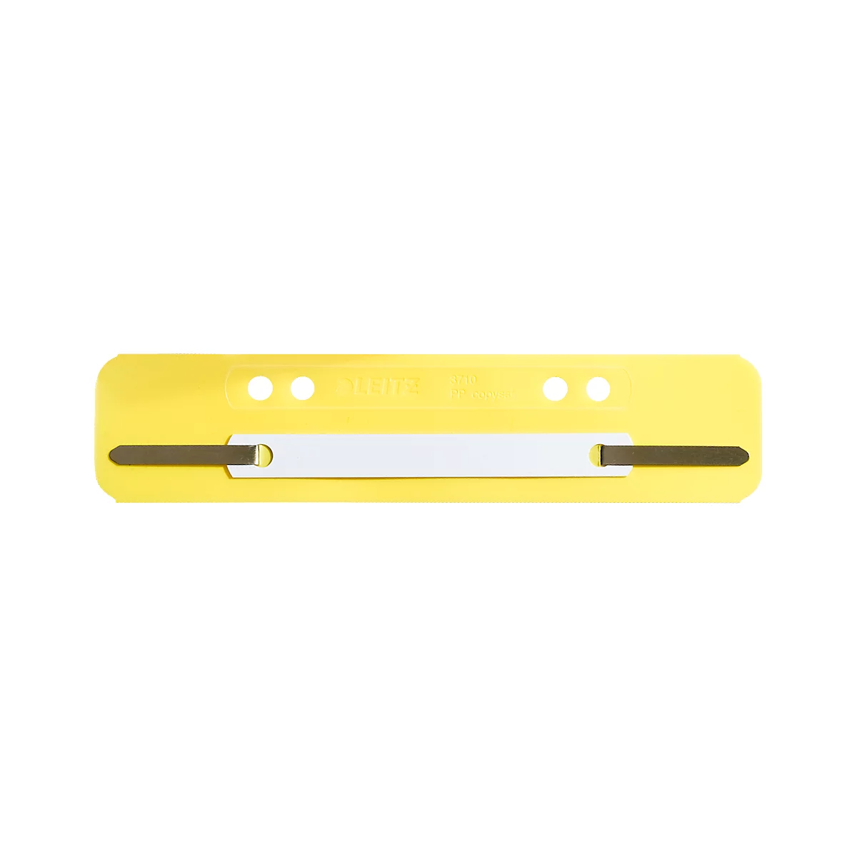 Yellow index card element with holes and pen holder. It has a white stripe with two metal clips.