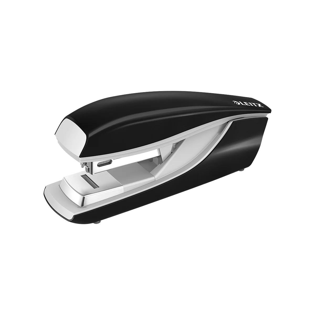 Black stapler with white accent by Leitz. Details like the lever and recess are clearly visible.