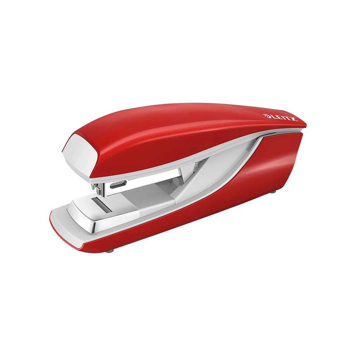 Red stapler with white accent. Brand name 'Leitz' visible.