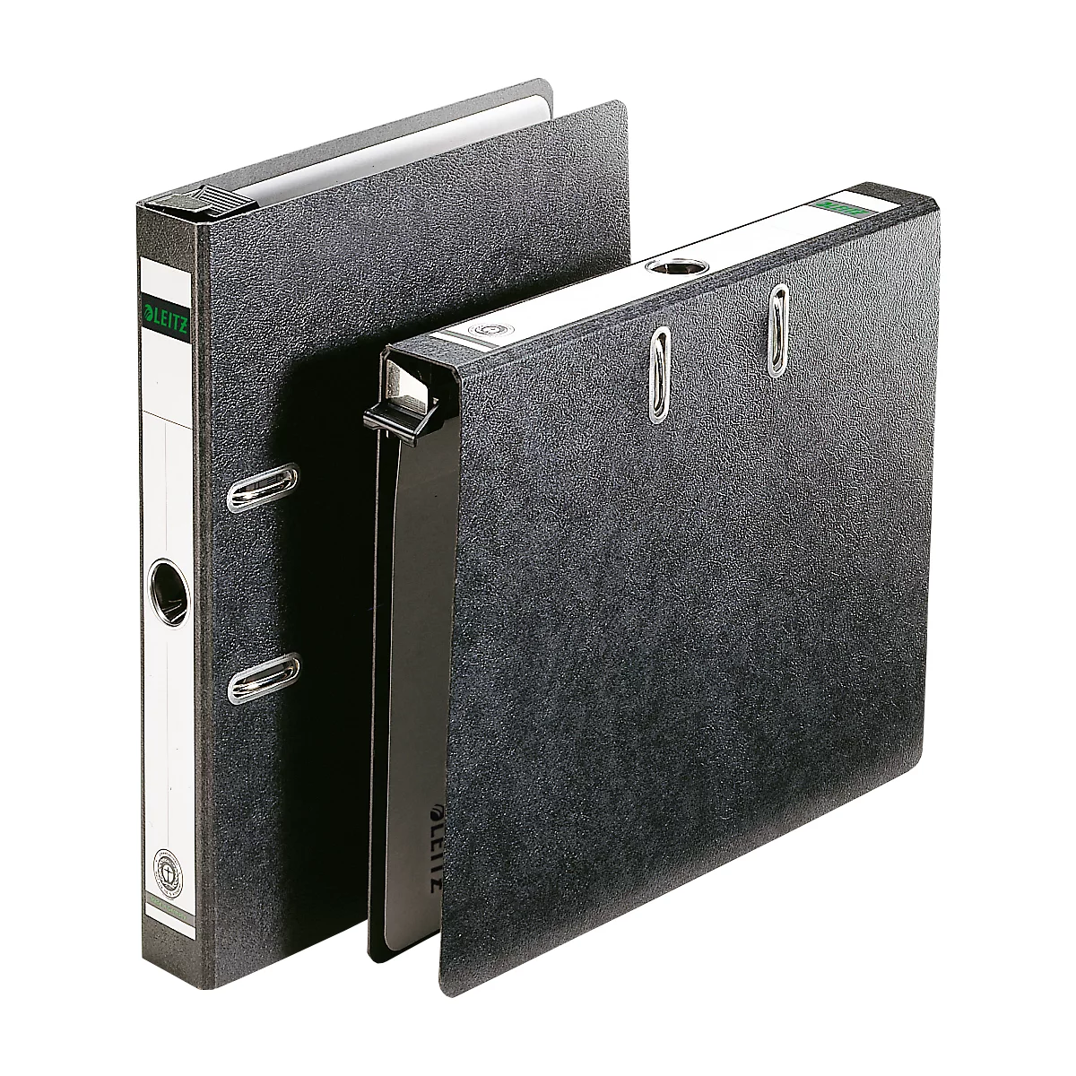 Two black binders with metal clasps. The left binder is closed, the right one slightly open.