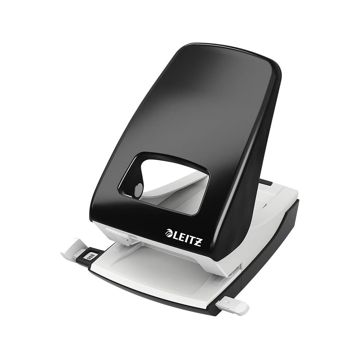 Black and white Leitz brand hole punch. The logo is clearly visible. The punch has a rectangular shape and an opening to position the paper.
