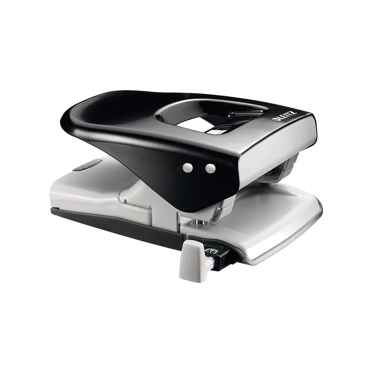 Black and silver LEITZ hole punch. The office material is made of plastic and metal.