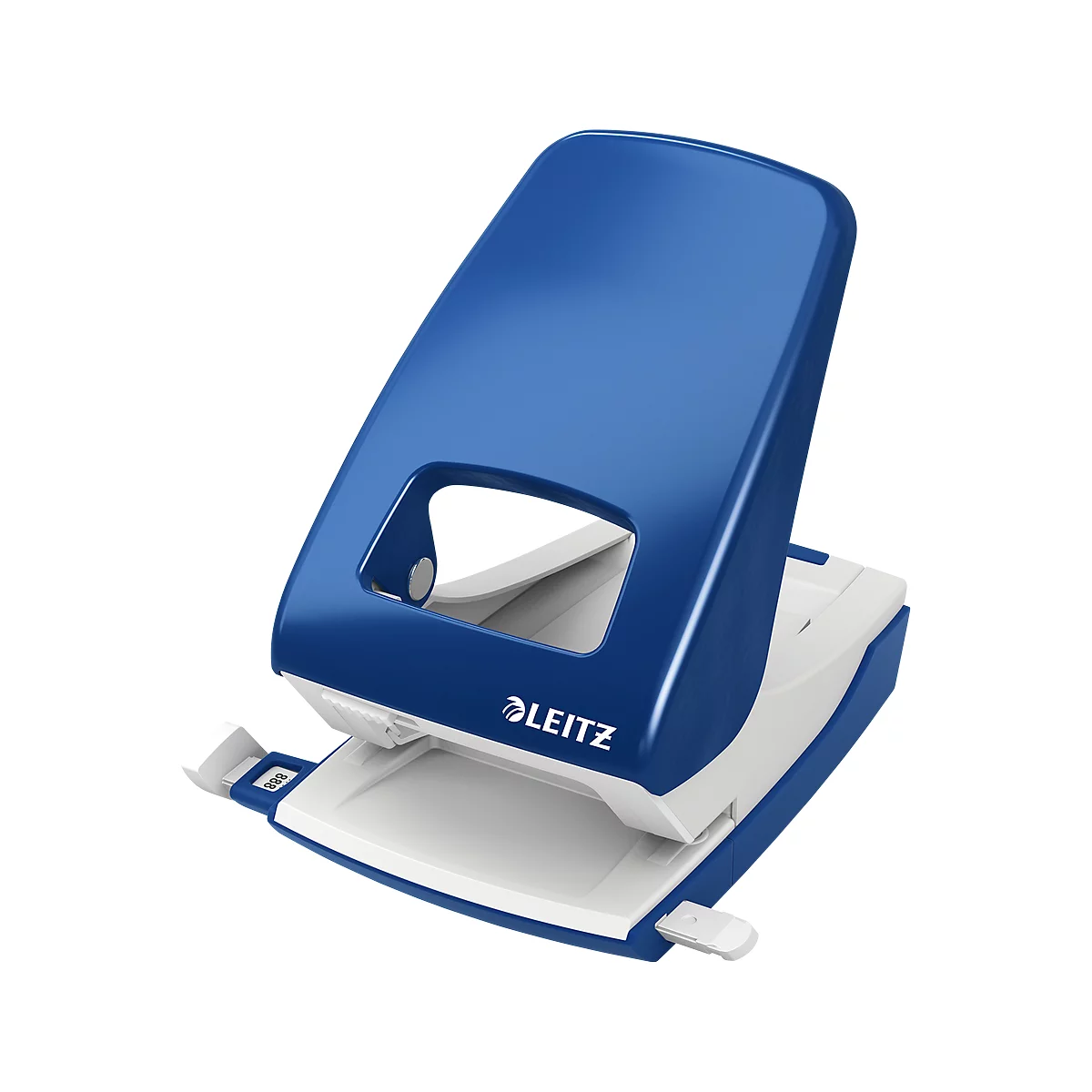 Blue and white hole punch from the Leitz brand. The product is shown in detail.