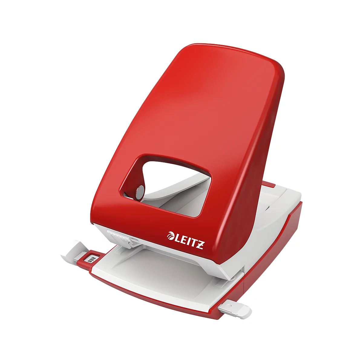Red Leitz paper punch, top view. White base, red lever, recess in the middle. The brand name 'Leitz' is on the right.