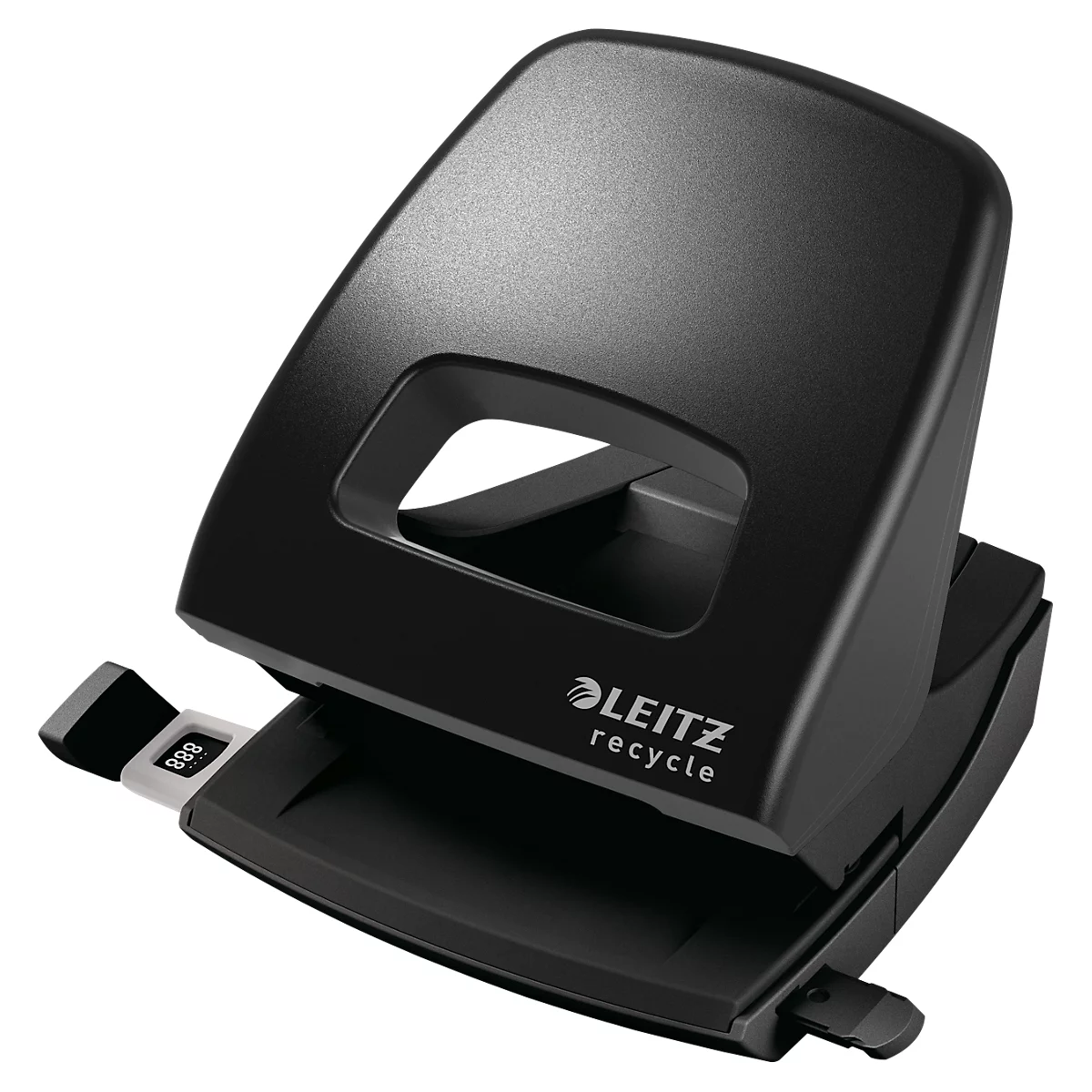 Black hole puncher with Leitz logo. The hole puncher has a practical paper stop.