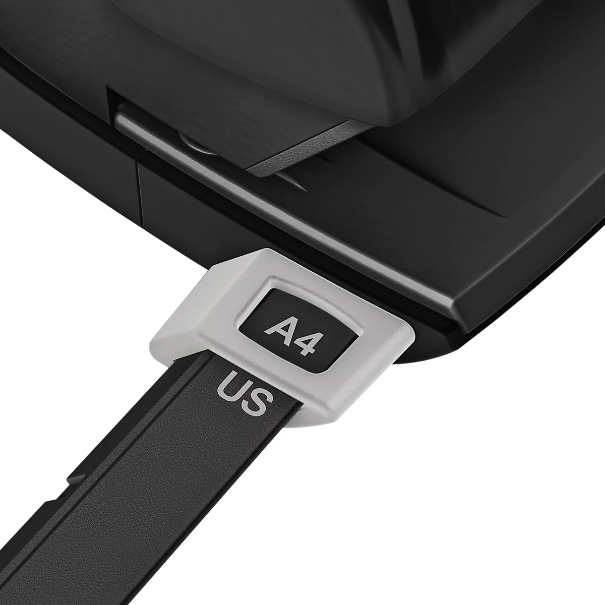Close-up of a black product detail with a white selection switch labeled "A4" and "US".