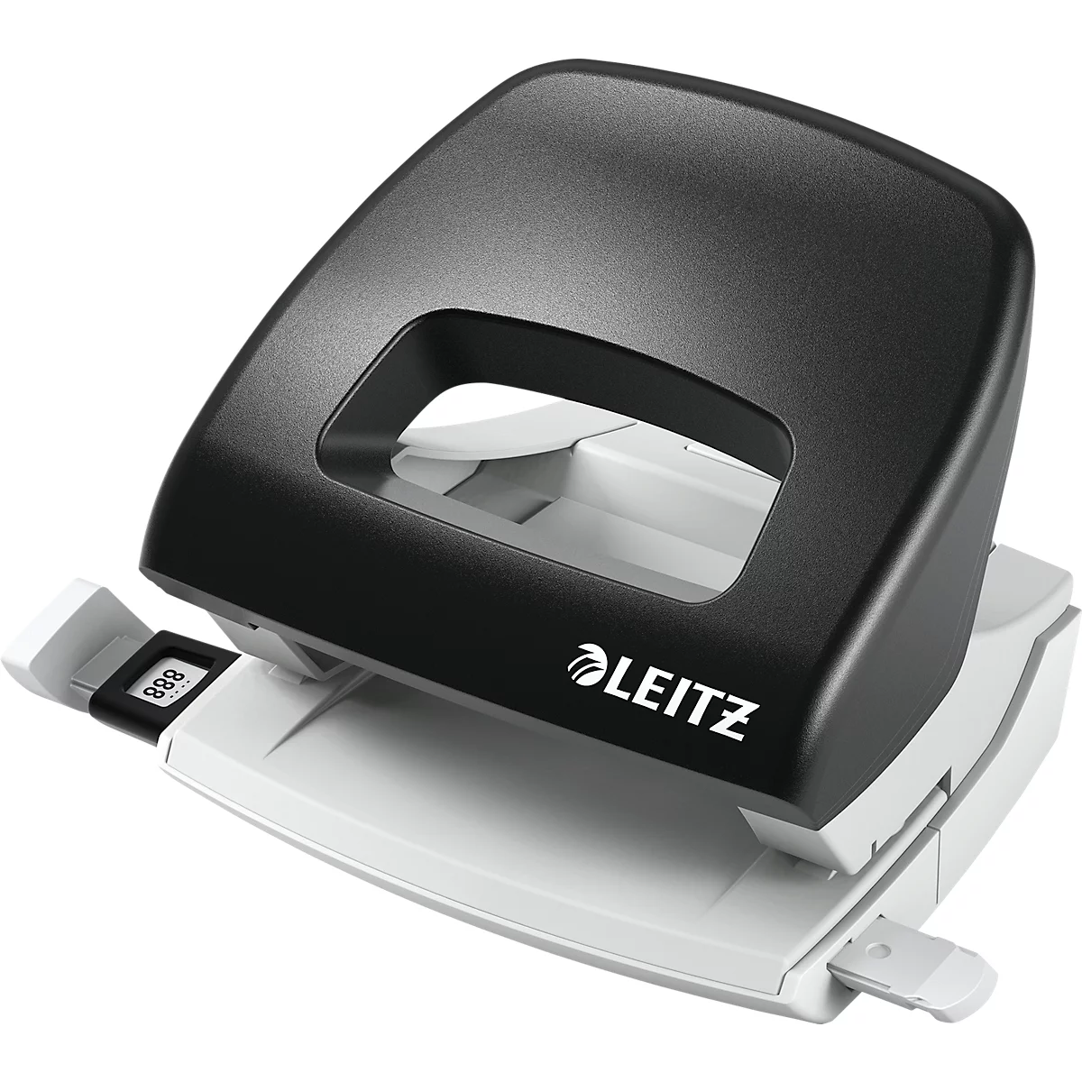A black and white hole punch with the LEITZ brand logo. The shape is angular and modern.