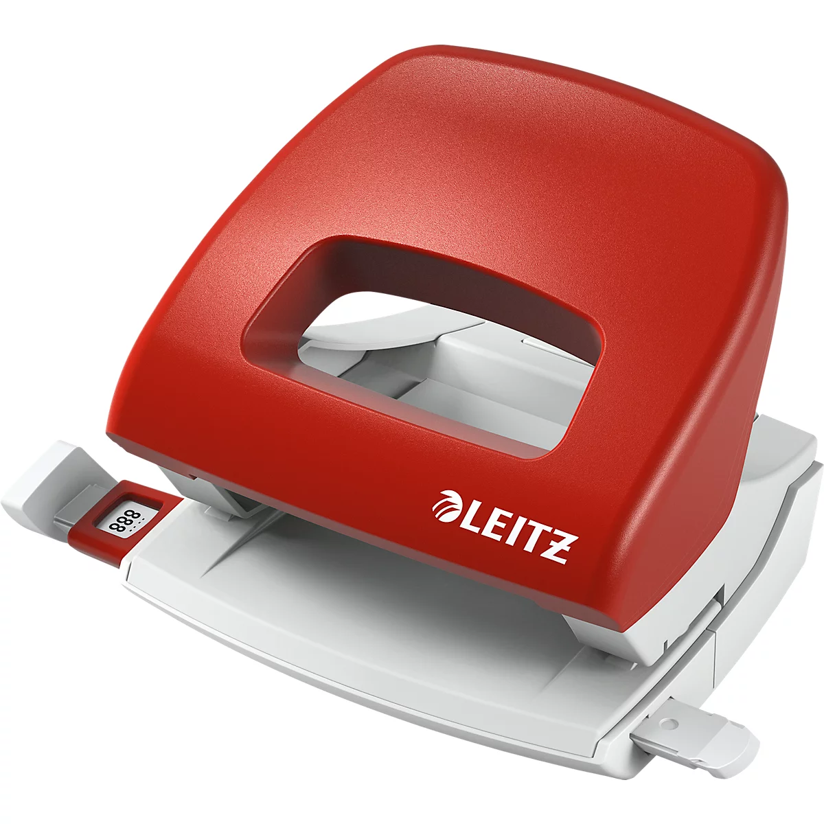 Red hole punch with the Leitz logo. Handle and base are white.