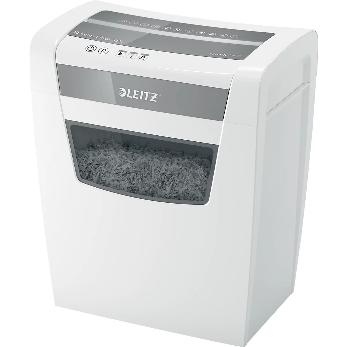 White Leitz paper shredder, with container for shredded paper. Control panels and the Leitz logo are visible.