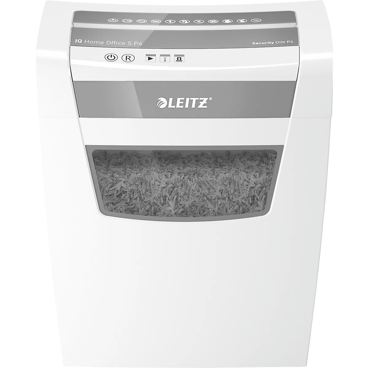 White paper shredder with the Leitz logo. There are control buttons and indicator lights at the top. The container for the shredded paper is at the bottom.