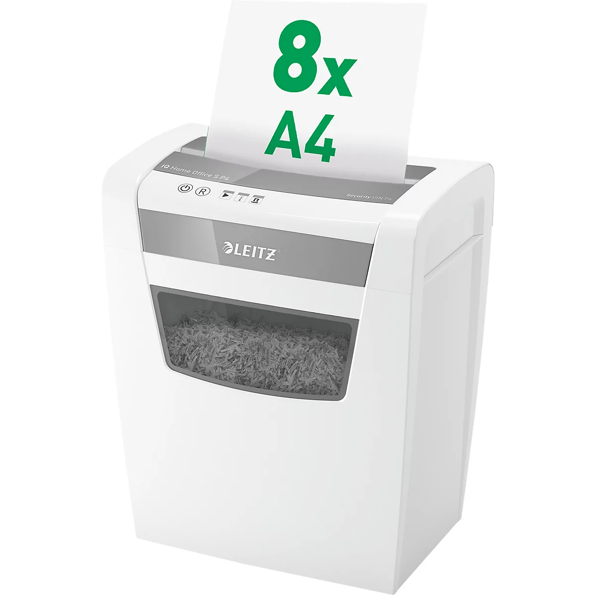 White paper shredder with paper shreds. Paper with green print "8x A4" is fed in at the top.