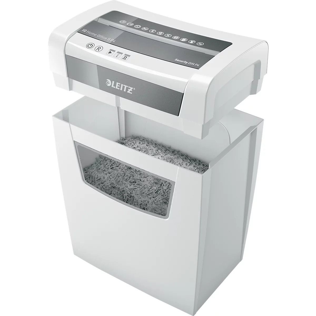 Witte papierversnipperaar met container voor versnipperd papier. Het Leitz-logo is zichtbaar. Bedieningspaneel met symbolen.