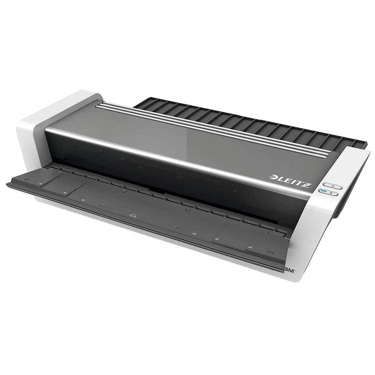 Grauer Laminator, mit LEITZ Schriftzug und Bedienknöpfen. Schwarze Ablage, weißer Rahmen.