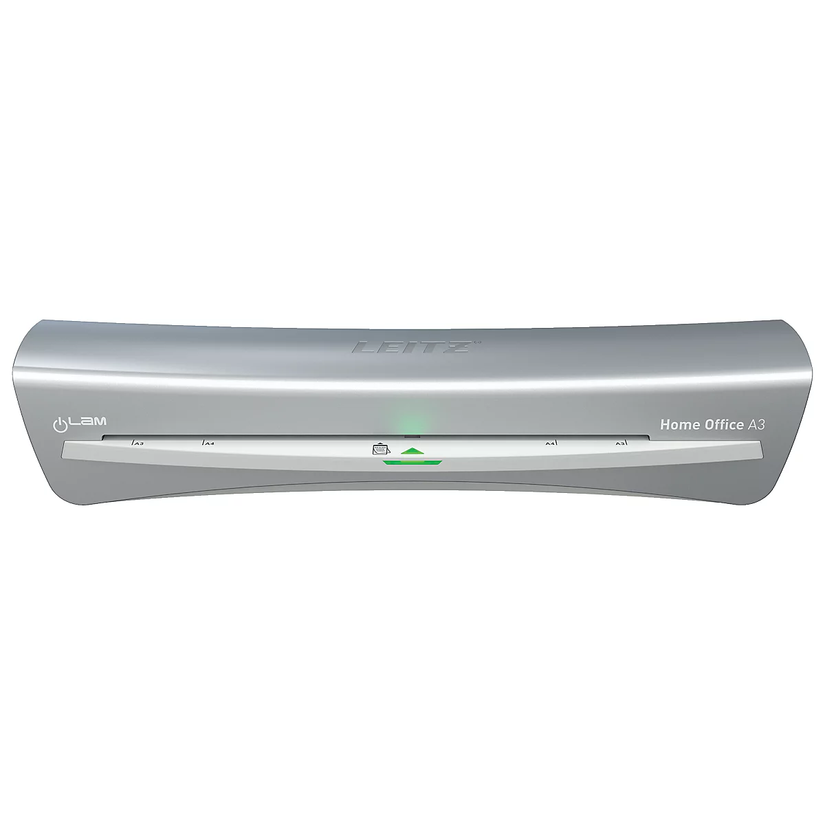 Zilverkleurige lamineermachine. "LEITZ" bovenaan, "Home Office A3" eronder. Een groen lampje brandt.