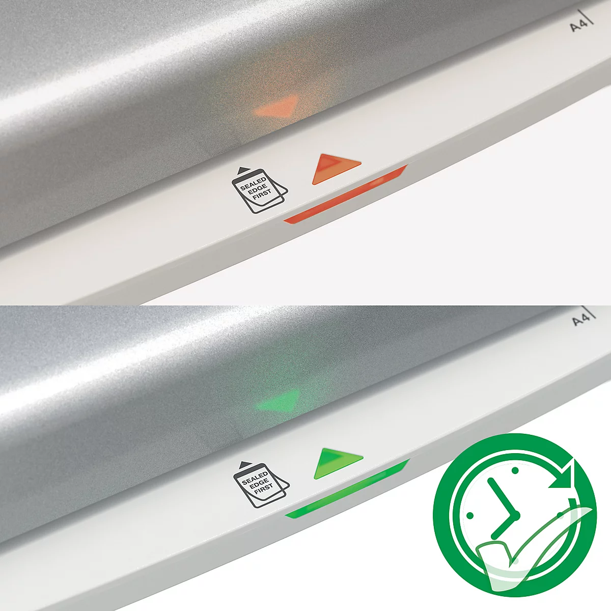 Detail van een lamineermachine: verlichte rode en groene indicatoren. Symbool voor 'verzegeld, rand eerst'.