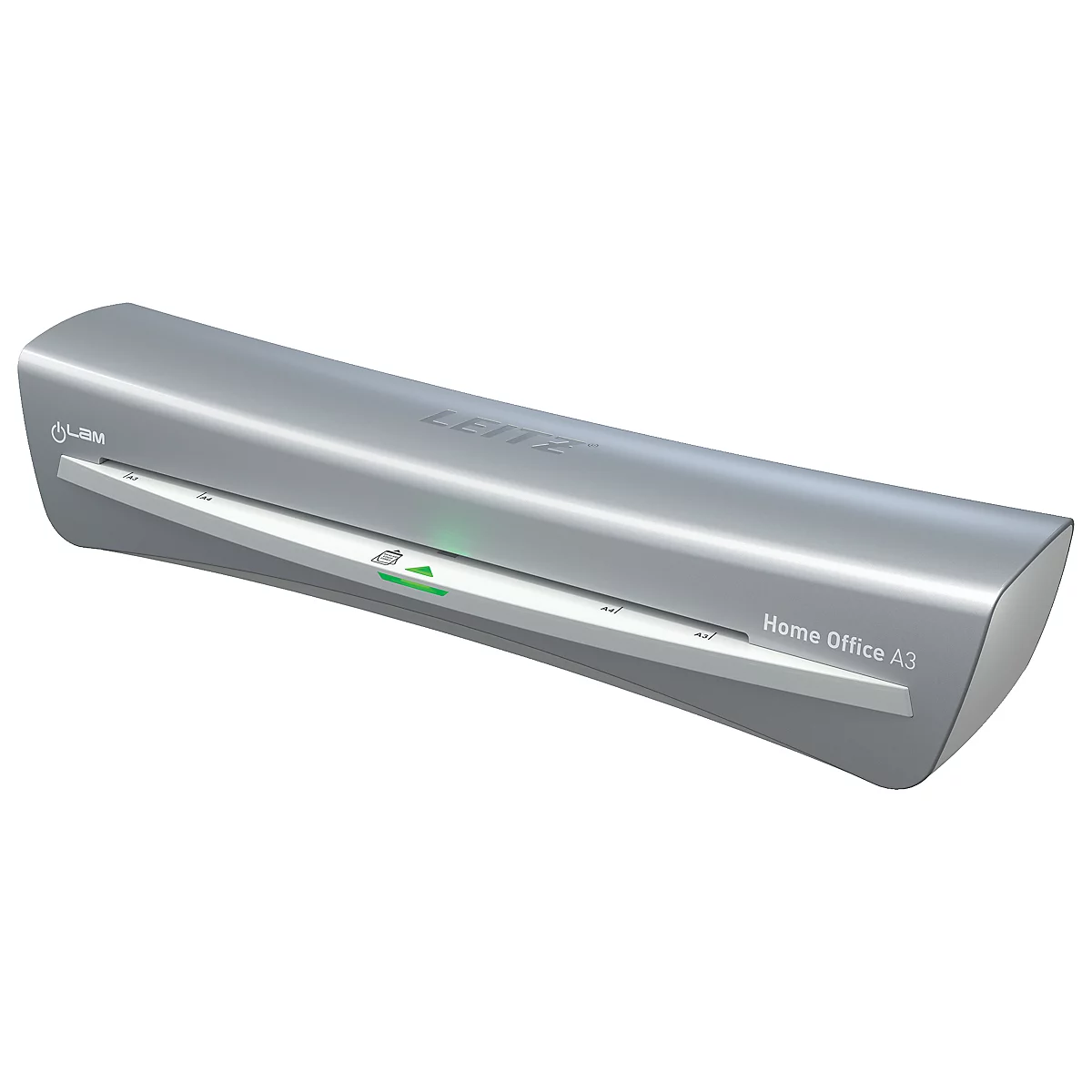 Grauer Laminator, mit LEITZ-Logo, Home Office A3. Grün leuchtende LEDs.
