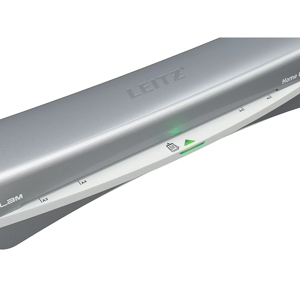 Grauer Laminator von Leitz. Auf dem weißen Teil sind Größenangaben aufgedruckt, eine grüne Lampe leuchtet.