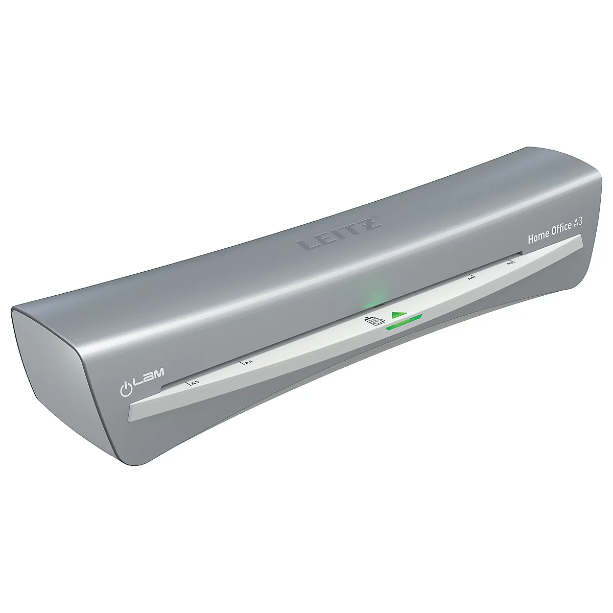 Laminateur gris Leitz Home Office A3. Le texte "LEITZ" est affiché sur le dessus, à côté d'une lumière verte et d'un bouton d'alimentation.
