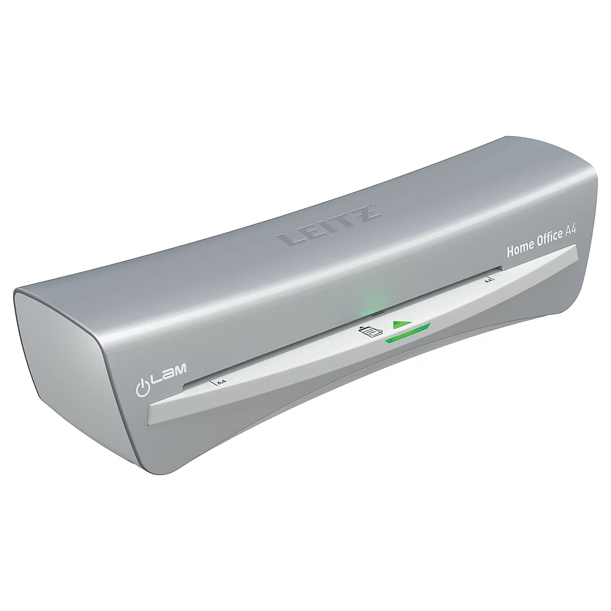Laminateur gris Leitz Home Office A4. Logo Leitz en haut, commandes vertes. Texte 'Home Office A4'.
