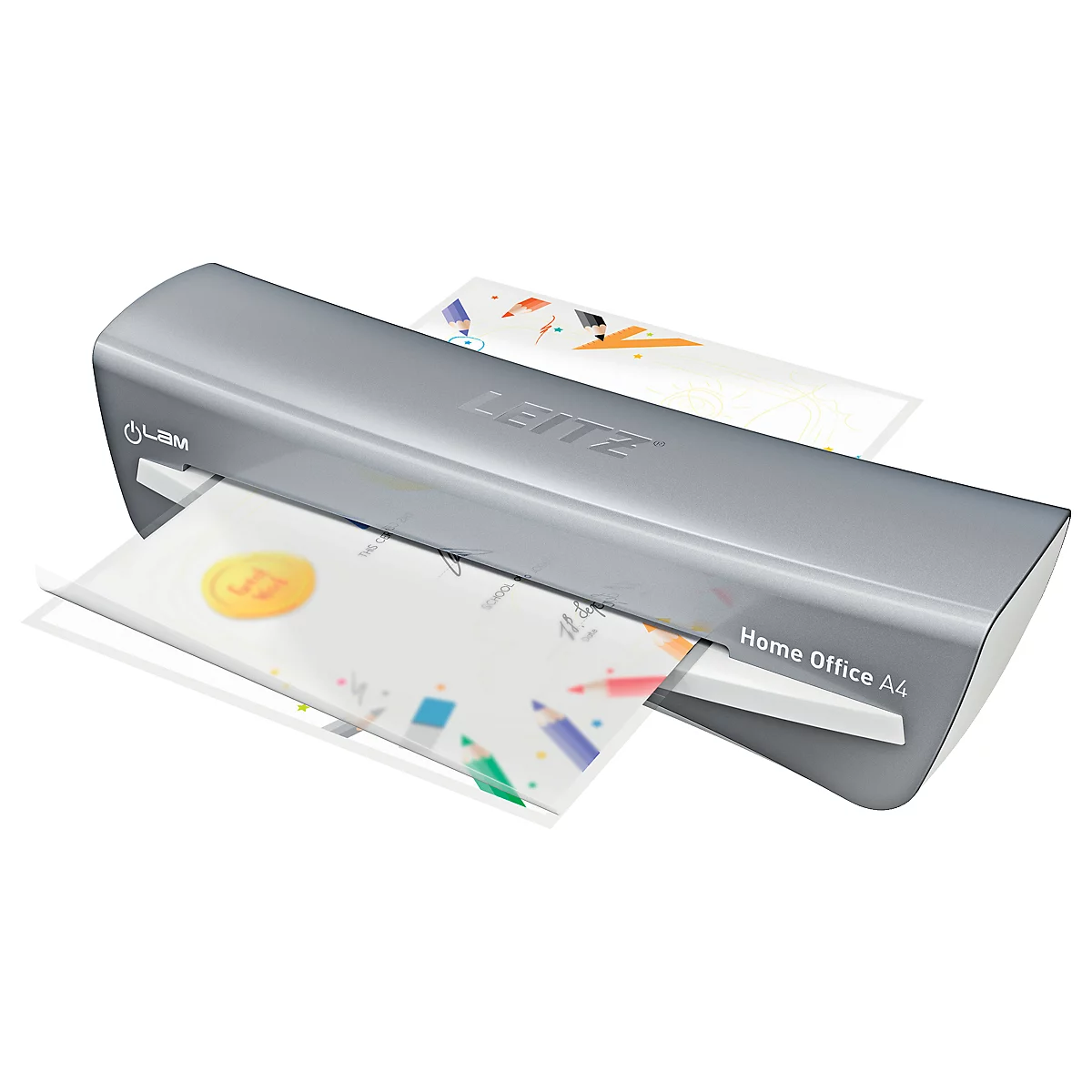 Laminateur gris laminant une feuille de papier avec des crayons colorés. Inscription : Leitz Home Office A4.