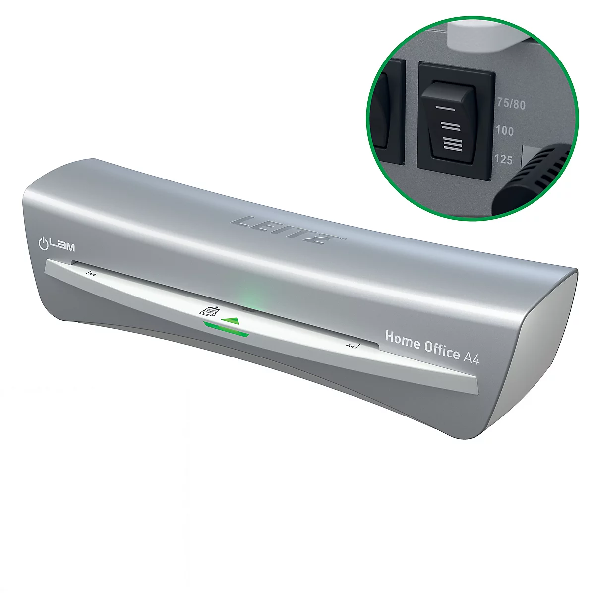 Zilveren lamineermachine met de tekst "LEITZ" en "Home Office A4". Vergroting toont schakelaar met temperatuurinstellingen.