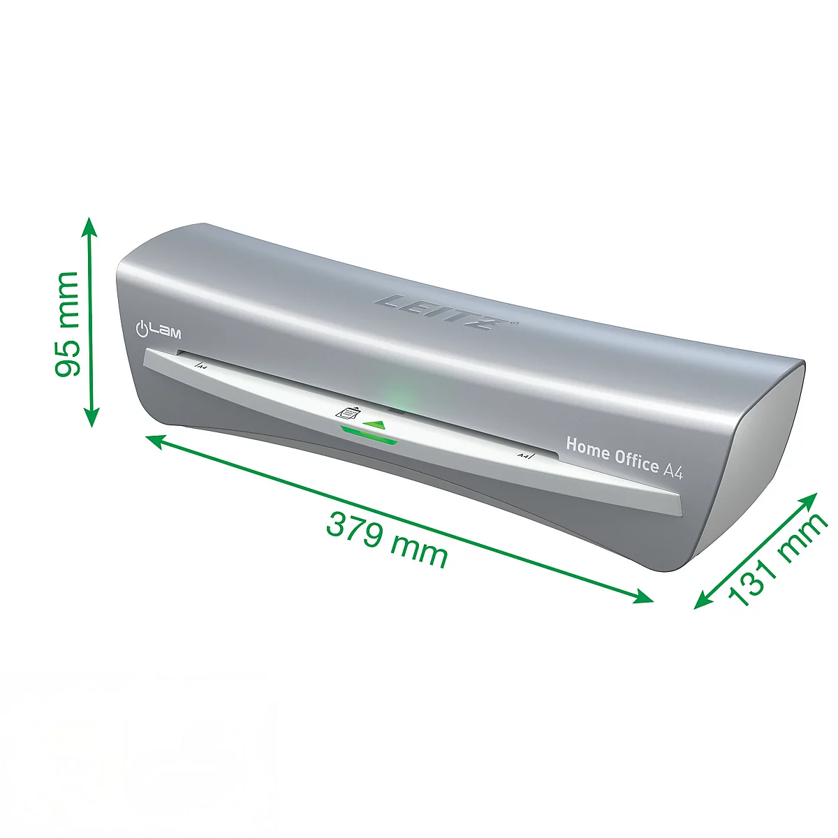 Grauer Laminator, mit Maßangaben versehen, Schriftzug Leitz und Home Office A4.