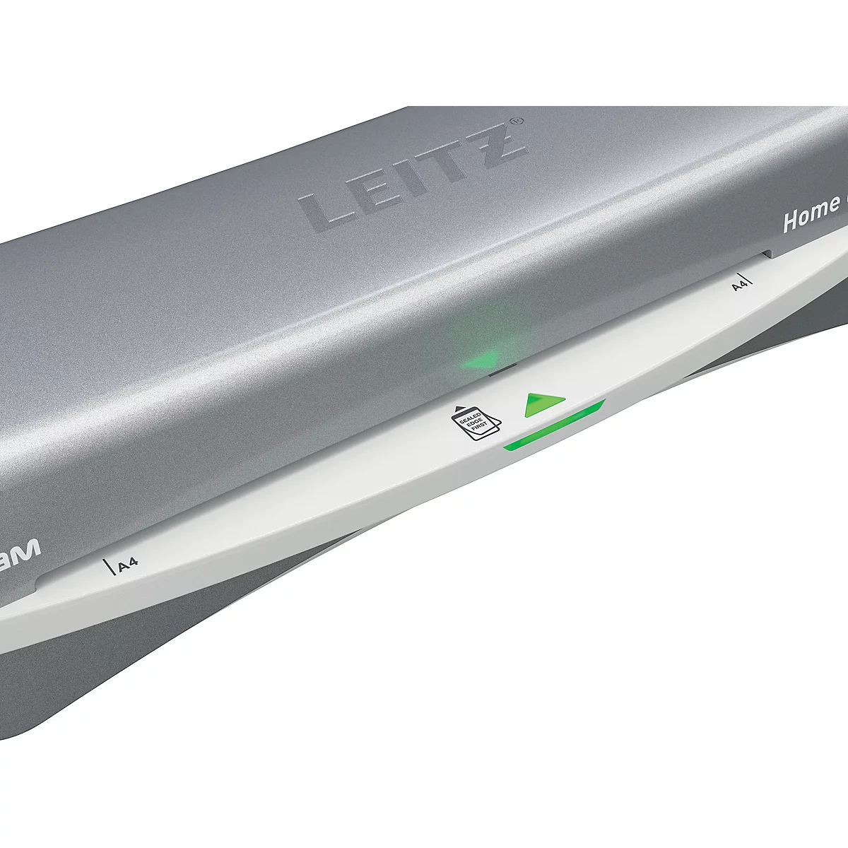 Detailaufnahme eines grauen Leitz Laminiergeräts mit grüner Kontrollleuchte.