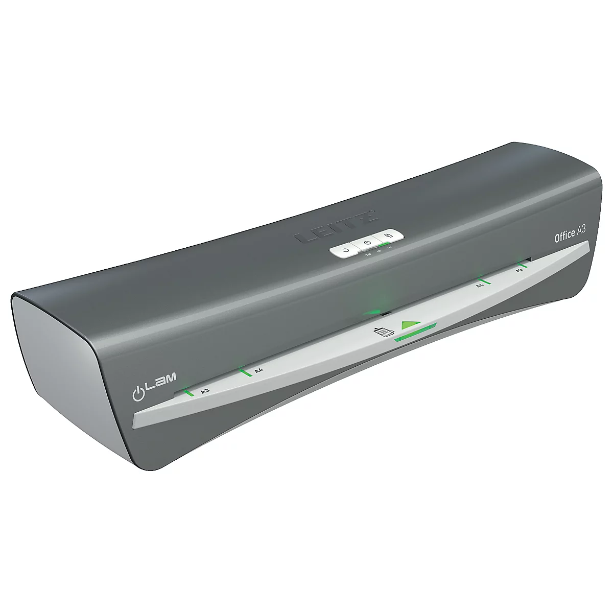 Grauer Laminator, Modell „Office A3“, mit Knöpfen und Anzeige. Aufschrift „LBM“ und „Office A3“.