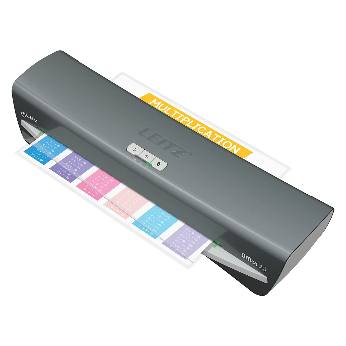 Grauer Laminator, LEITZ, mit herauskommenden, laminierten Dokumenten. Oben: gelber Streifen mit Text. Darunter: Kalenderblätter.