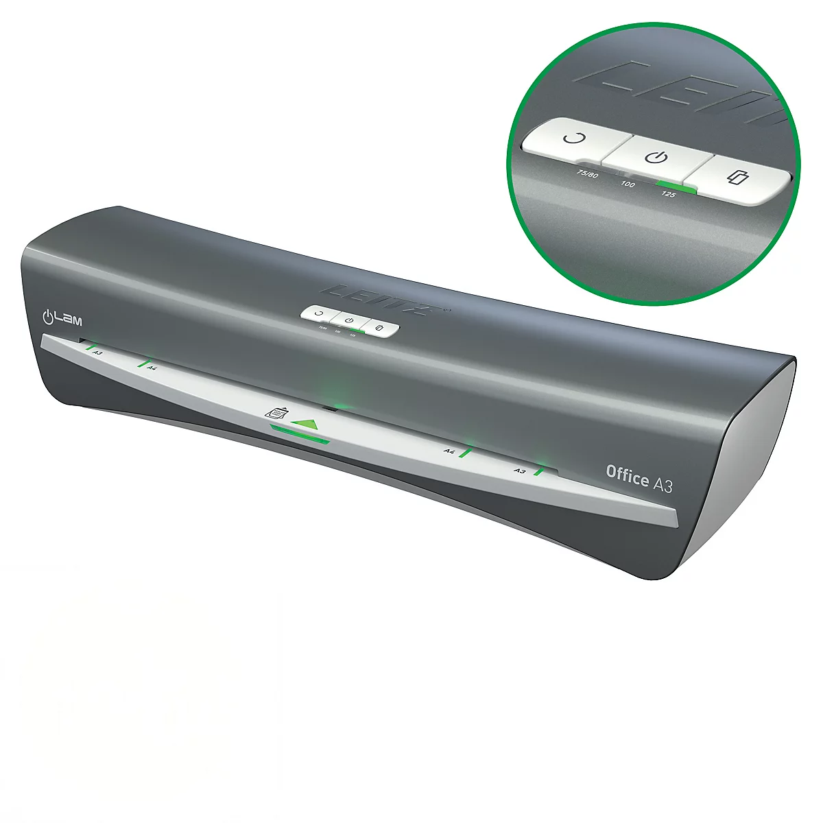 Grauer Laminator mit grünen und weißen Akzenten. Oben rechts eine Detailansicht der Bedienelemente. Schriftzug "Office A3".