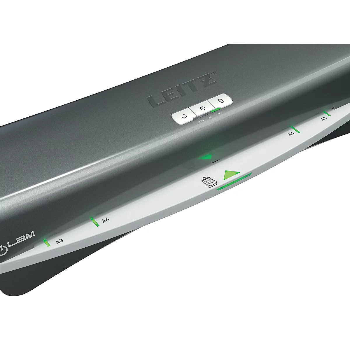 Detailaufnahme eines schwarzen Laminiergeräts der Marke Leitz mit Bedienfeldern und LED-Anzeigen.