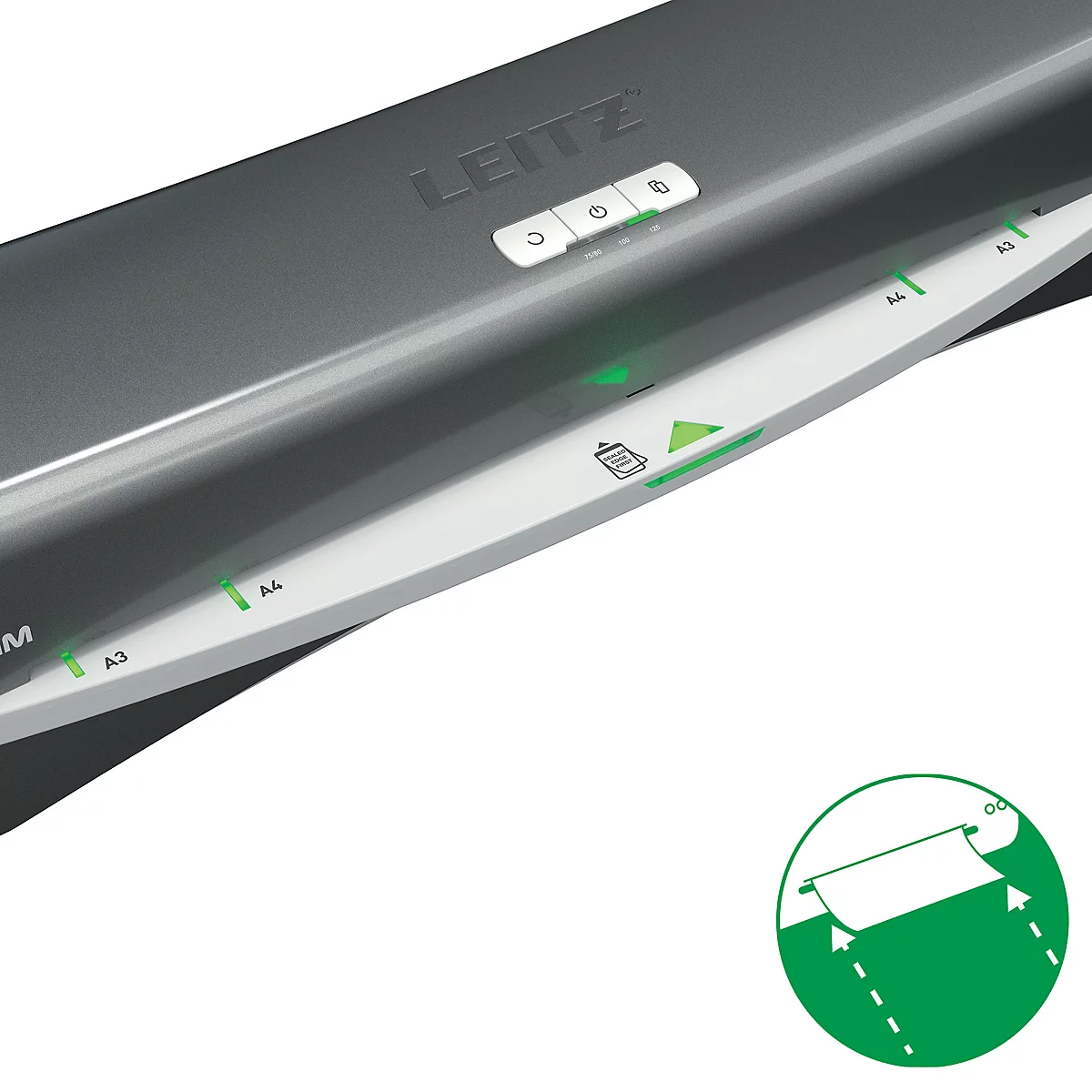 Detailaufnahme eines schwarzen Laminiergeräts mit grünen Bedienelementen, LEITZ-Logo.