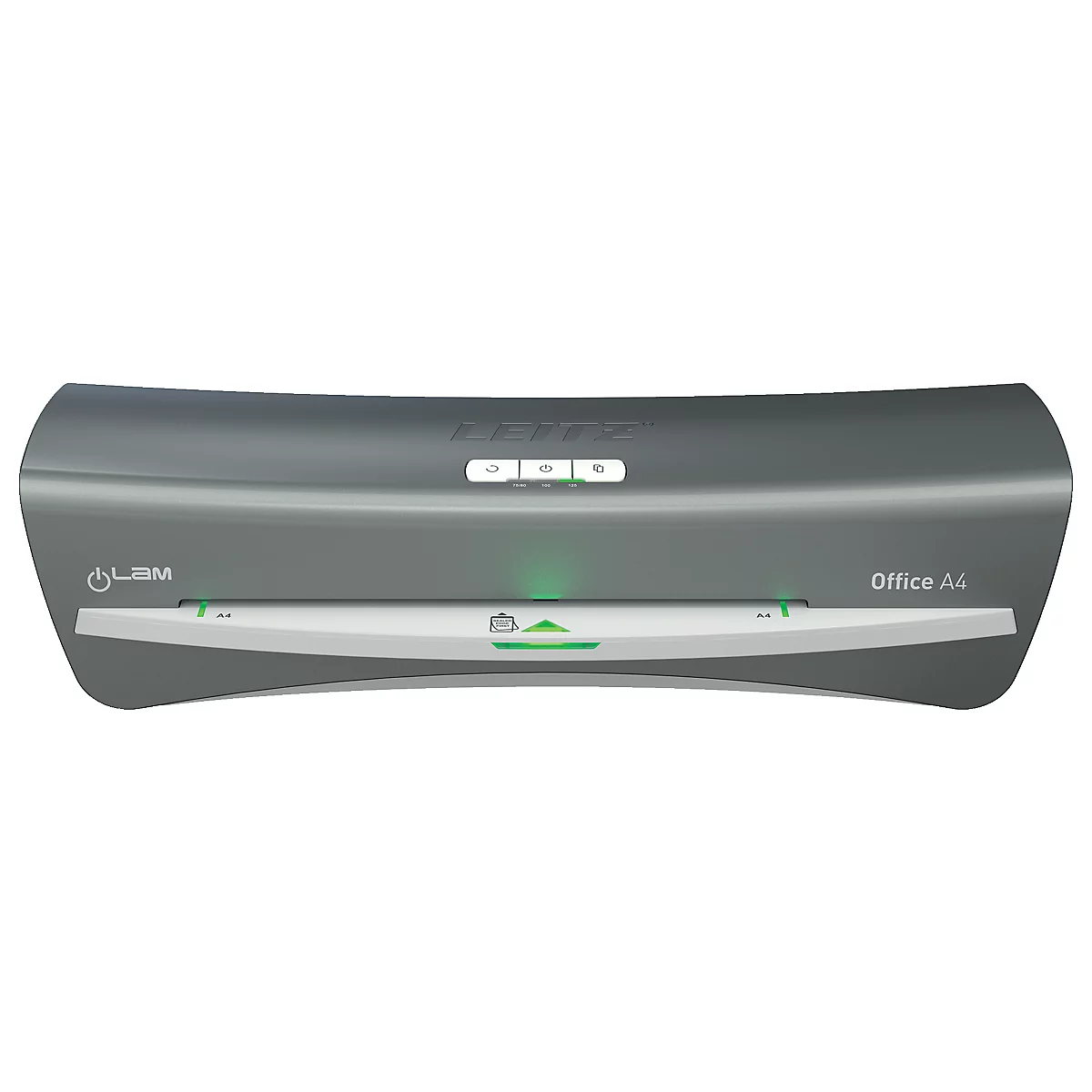 Grauer Laminator mit 'Office A4' Schriftzug und grünen LEDs.