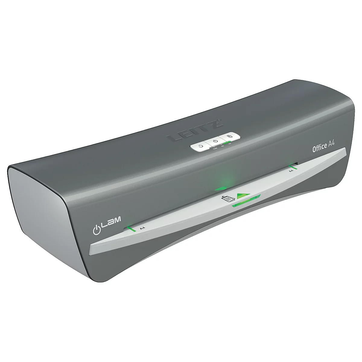 Grauer Laminator, Modell Leitz Office A4, mit beleuchteten Bedienknöpfen.