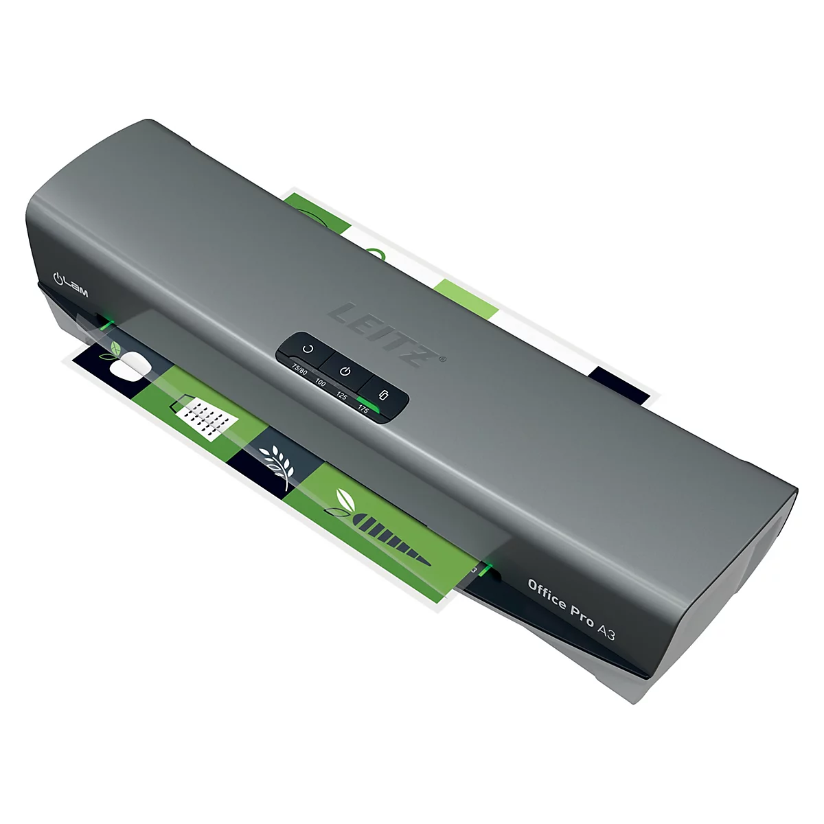 Grauer Leitz Office Pro A3 Laminator mit eingelegten, laminierten Dokumenten. Oben: LEITZ-Schriftzug.