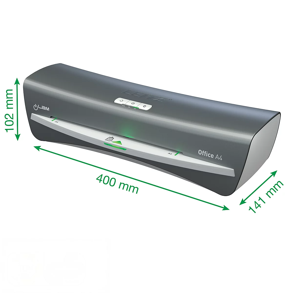 Grauer Laminator, Maße in mm angezeigt. Oben rechts steht "Office A4".