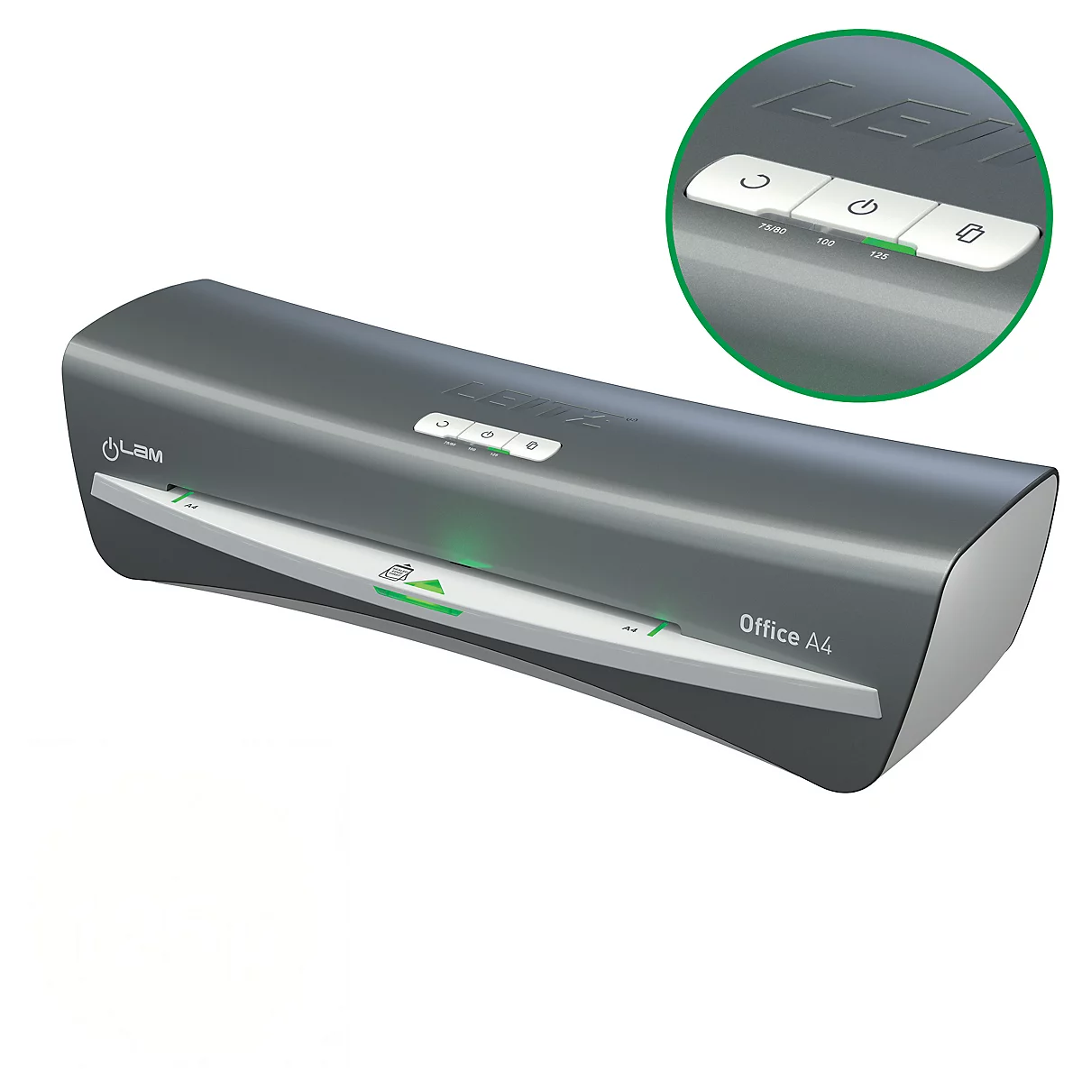 Grauer Laminator mit grünen Leuchtdioden und Bedienelementen, der Schriftzug "Office A4" ist sichtbar. Ein vergrößertes Detail zeigt Knöpfe.