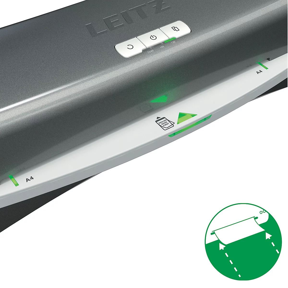 Detailaufnahme eines Laminiergeräts. Oben sind Bedienknöpfe, darunter grüne Leuchten und ein Papier-Symbol.