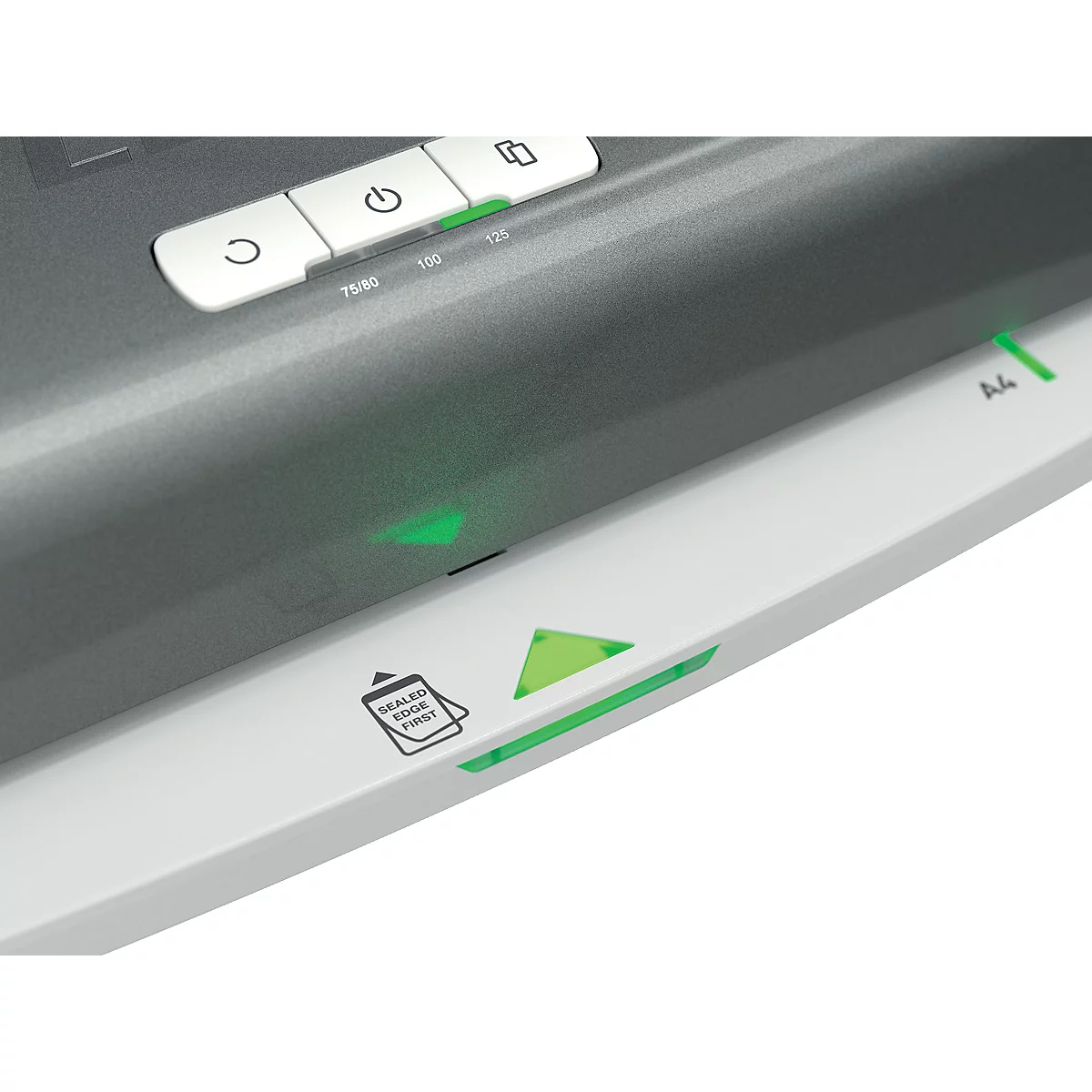 Detailaufnahme eines Scanners mit grünen Leuchtdioden und Knöpfen.