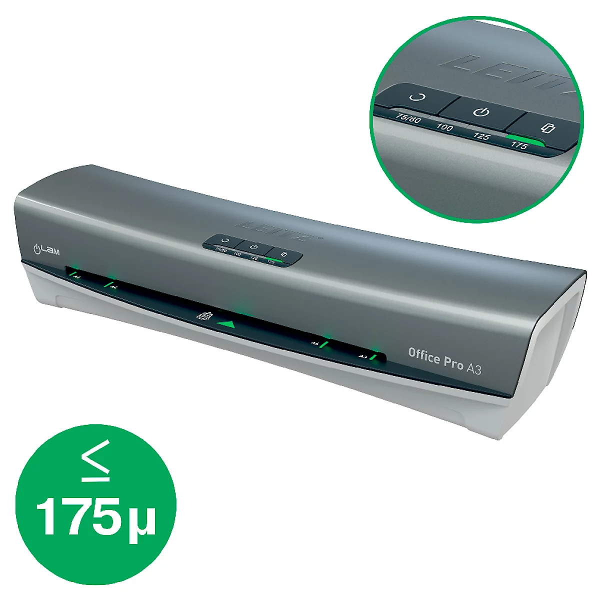 Grijze Leitz Office Pro A3 lamineermachine met groene bedieningsknoppen en groen display. Een cirkel toont details van het bedieningspaneel.