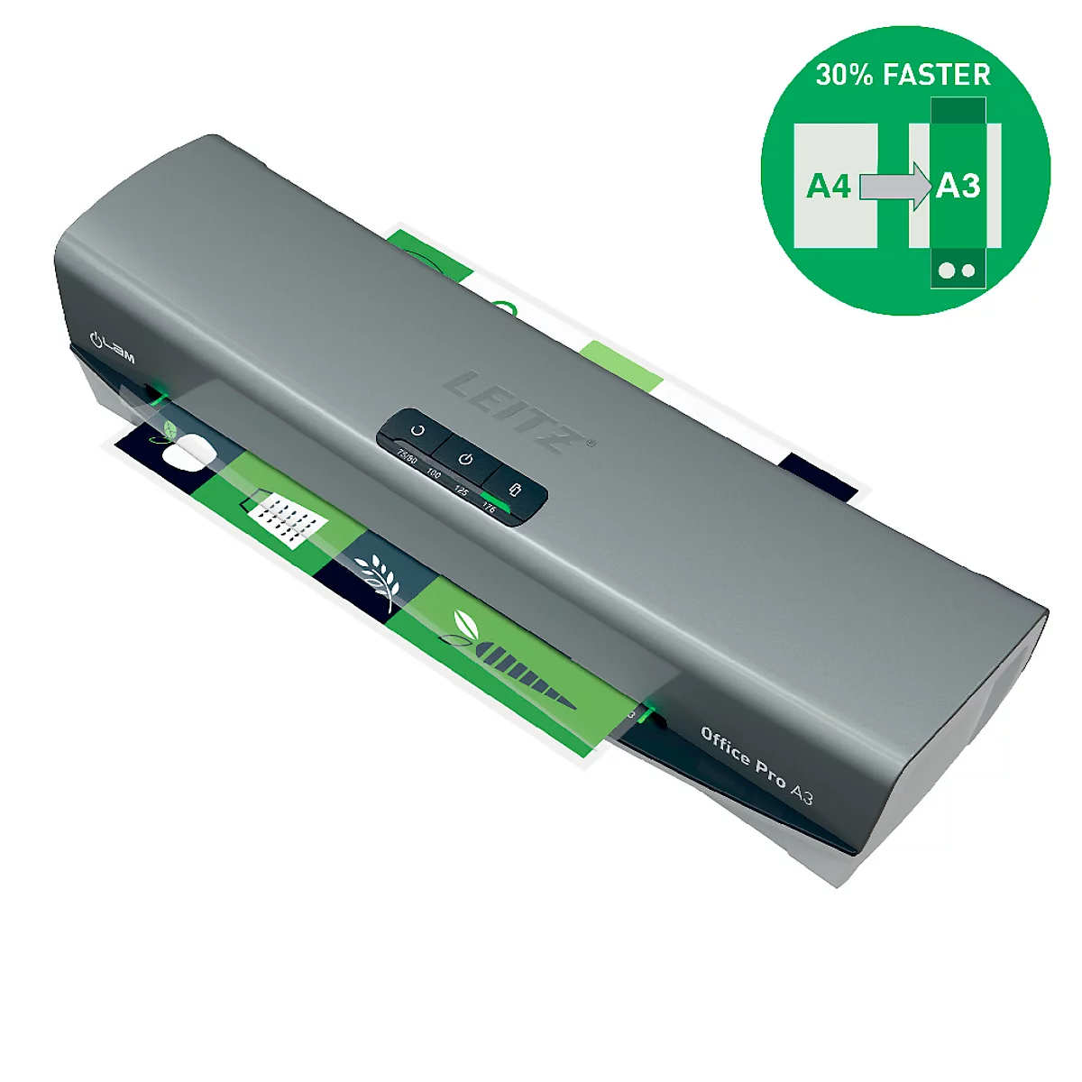 Drie mensen werken op een laptop, naast een Leitz lamineermachine met gelamineerde documenten. Onderscheiding: red dot design award.