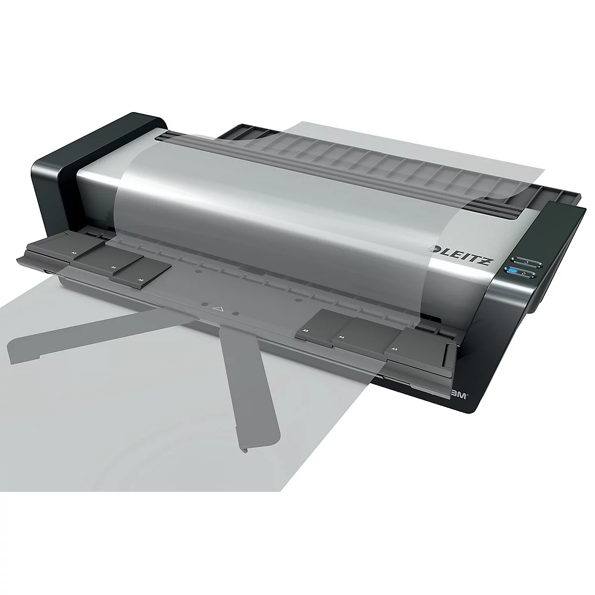 Grauer, professioneller Laminator der Marke Leitz, von dem ein Blatt Papier herausragt.