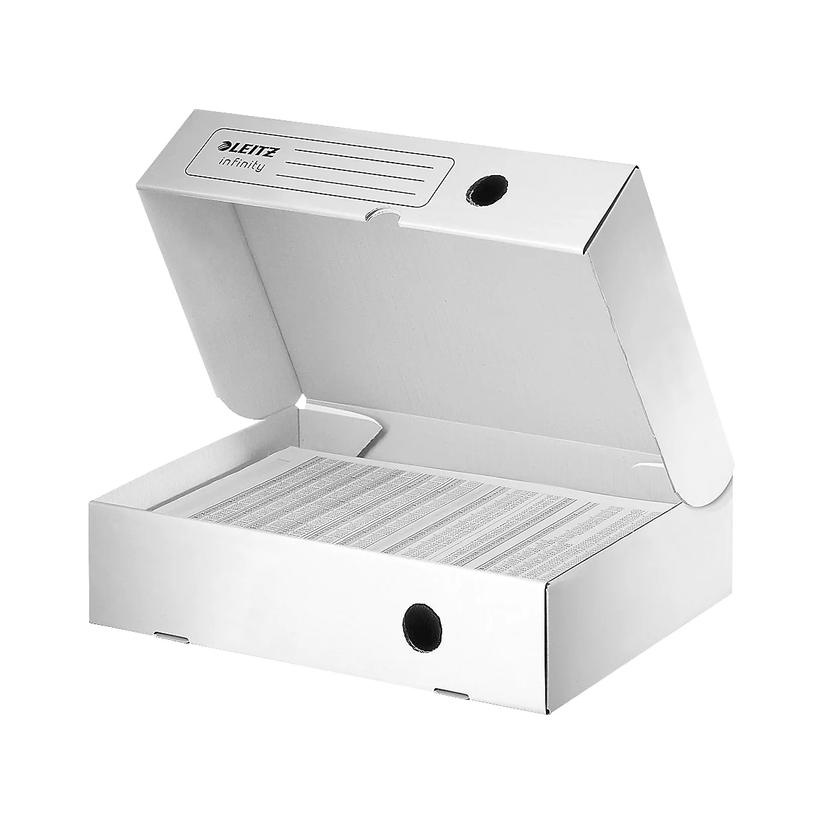 White Leitz file box, open, filled with files, black hole.