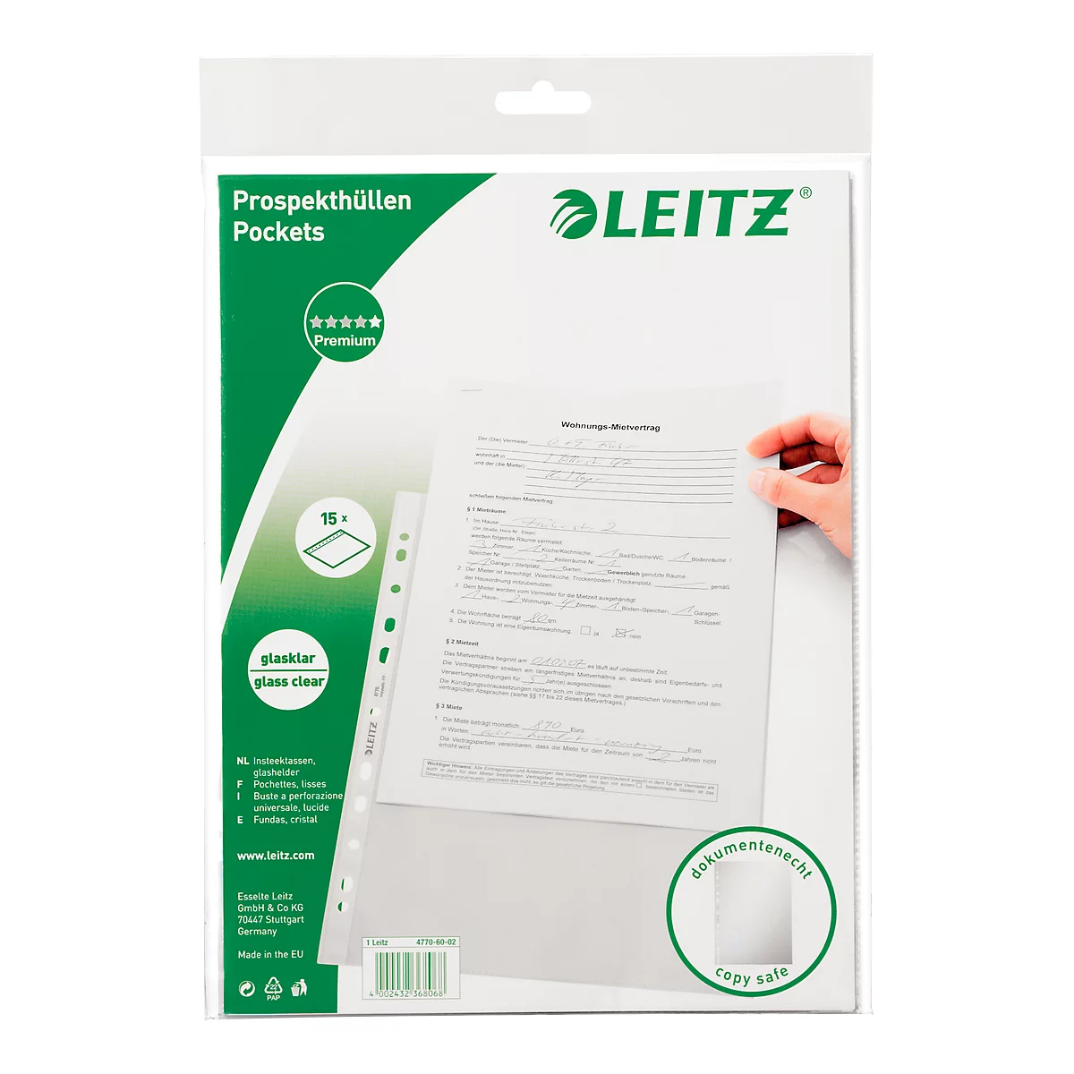 LEITZ insteekhoesje 4770, A4, bovenaan open, 15 stuks, glashelder, transparant