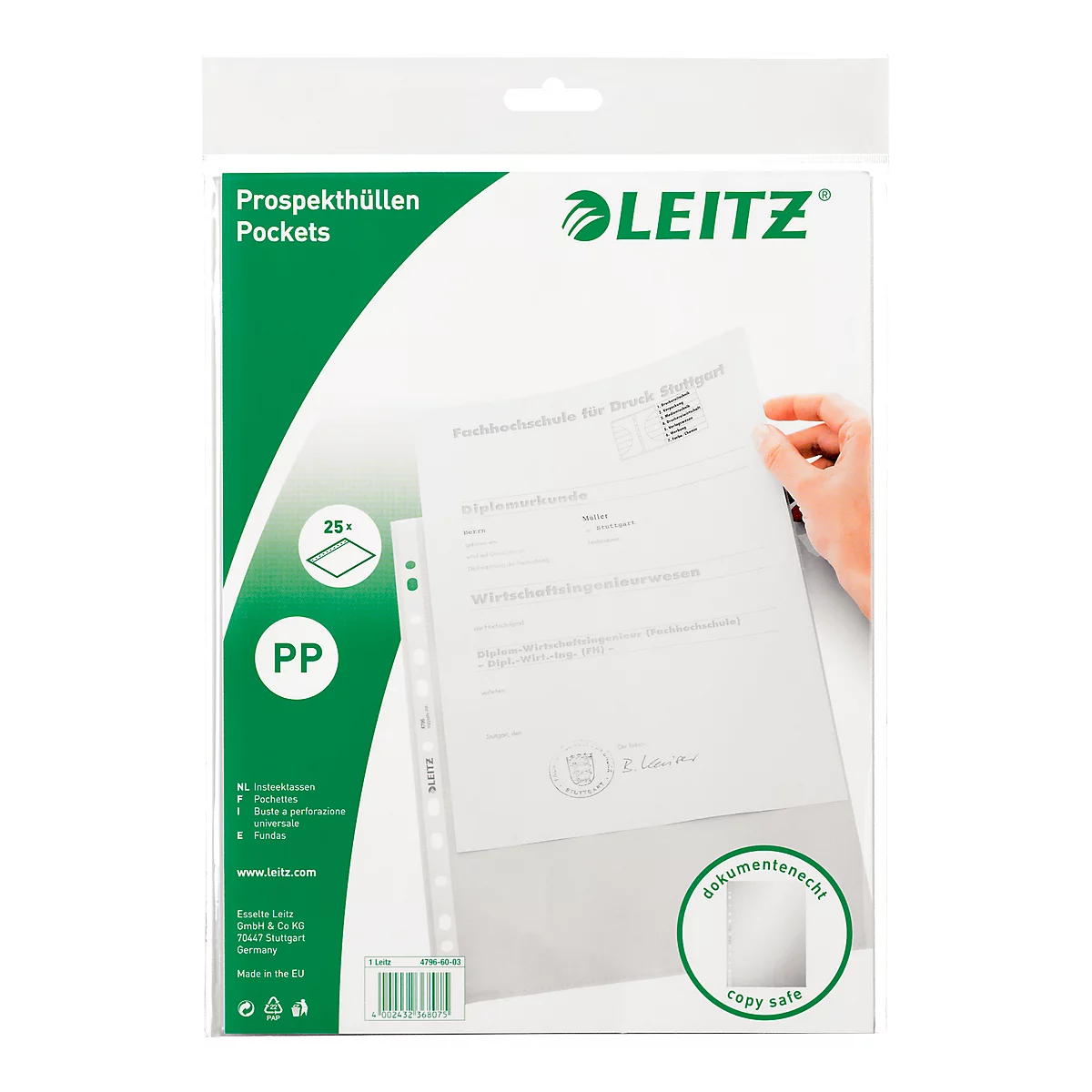 LEITZ insteekhoesjes 4796, A4, bovenaan open, 25 stuks, generfd, transparant