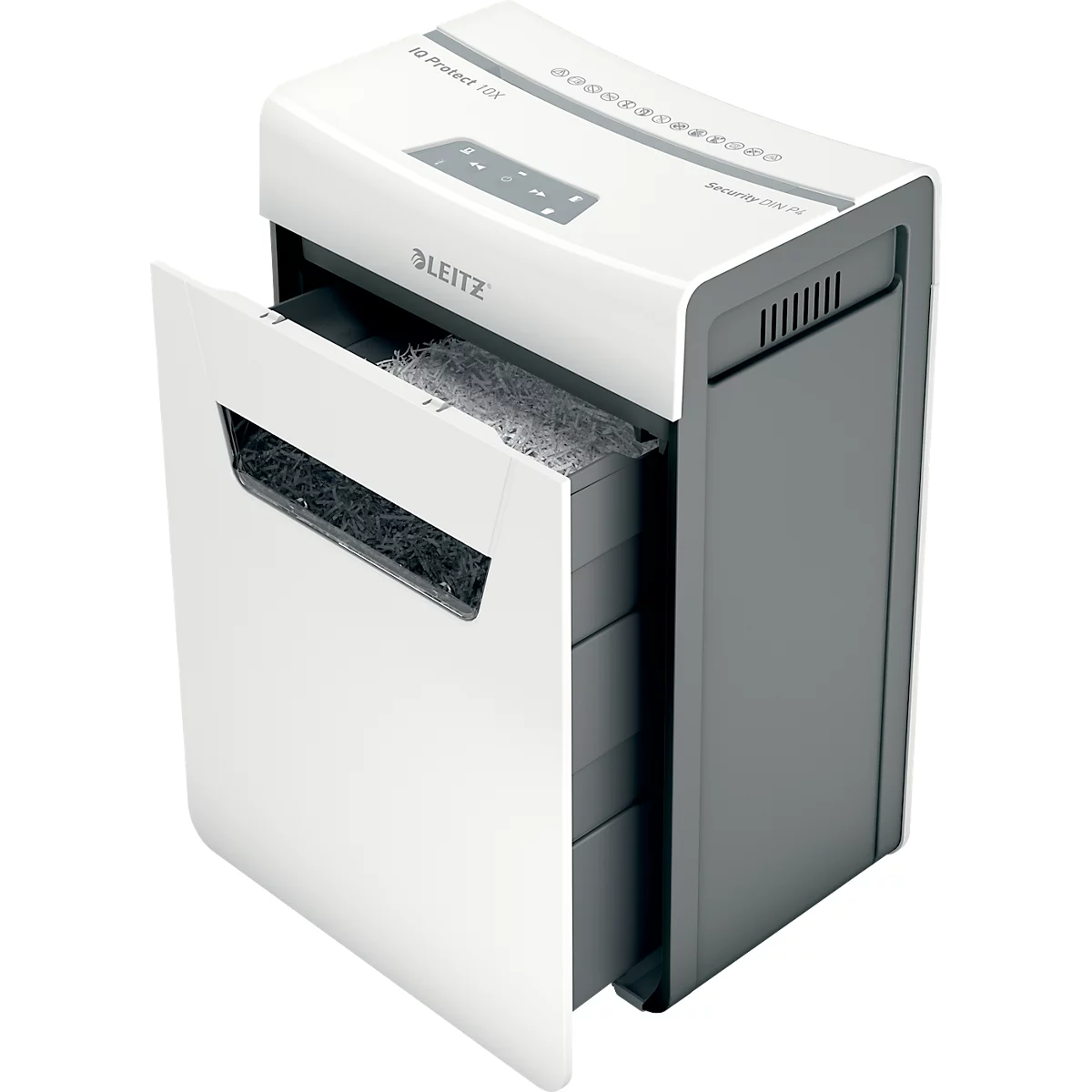 Leitz IQ 10X Protect Premium Aktenvernichter P4, Partikelschnitt 4 x 40 mm, 18 l, 10 Blatt Schnittleistung, Anti-Papierstau-Technologie, weiß